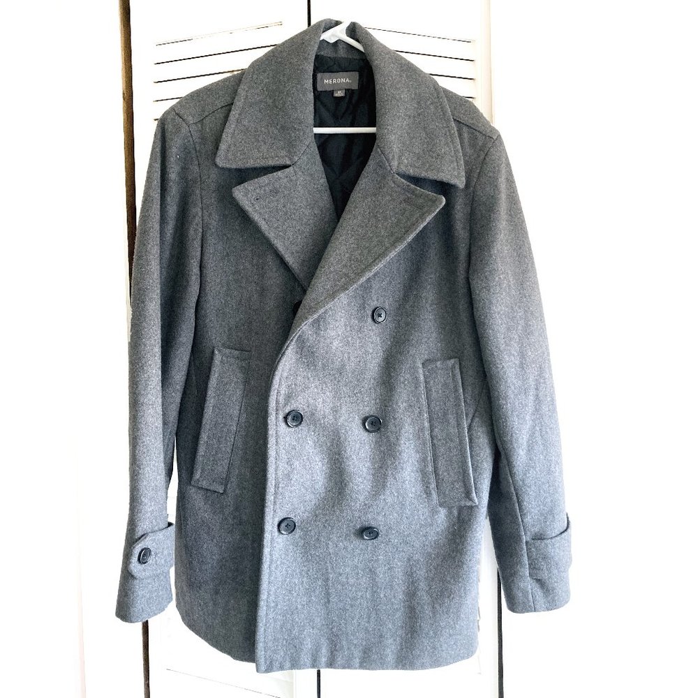 Men's Grey Wool Blend Double Breasted Peacoat, EUC, Size M